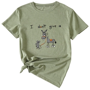 Funny green crew neck t-shirt with mouse and donkey graphic and side knot detail