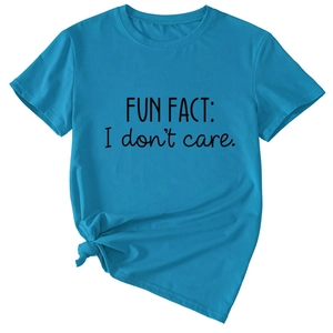 Detail of light blue T-shirt featuring Fun Fact I Don't Care print and stylish side knot
