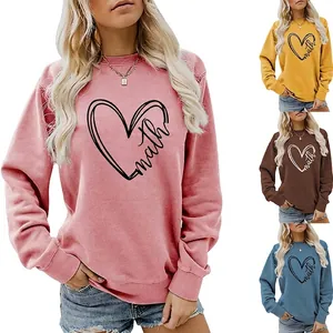 Women Crewneck Sweatshirt Heart Math Print Long Sleeve Casual Streetwear Loose Pullover Top Cotton Blend