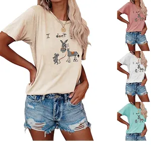 Women Short Sleeve T-Shirt Cotton Blend Round Neck Funny Donkey Mouse Graphic Print Knot Hem Casual Streetwear Tops