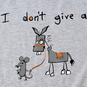 Heather grey t-shirt featuring a cartoon mouse and donkey with 'I don't give a' text print