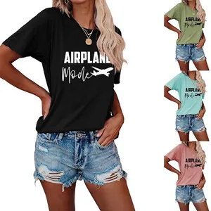 T-Shirt Femme Manches Courtes Imprimé Lettre Airplane Mode Décontracté Mélange Coton Col Rond Été Haut Ample Graphique Mode