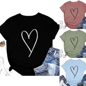 T-Shirt Femme Mélange Coton Manches Courtes Col Rond Motif Cœur Dessiné À La Main Mode Décontractée Haut Ample Été