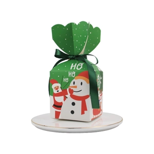 Green Christmas gift box with Santa and snowman patterns and decorative green ribbon bow