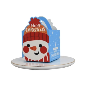 Scatola regalo di Natale blu con pupazzo di neve e manico su vassoio in ceramica