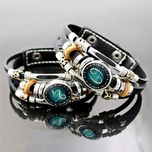 Zodiac Sign Luminous Leather Bracelet Vintage Braided Multi-layer Glow In The Dark Jewelry Punk Style For Men Women