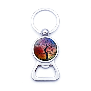 Porte-clés décapsuleur arbre de vie argenté avec un cabochon en verre multicolore
