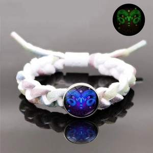 Braccialetto in Pelle Intrecciata a Mano Fluorescente Dodici Costellazioni Zodiaco Lega Vetro Cabochon Regolabile Gioielli