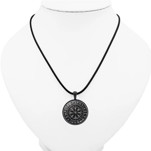 Vintage Viking Vegvisir compass necklace with Nordic runes on a black leather cord