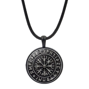 Nordic Viking Vegvisir Compass Rune Pendant Necklace Retro Zinc Alloy Glass Time Gemstone Leather Cord Jewelry For Men Women