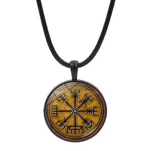 Nordic Viking Vegvisir compass necklace with black metal frame and braided leather cord