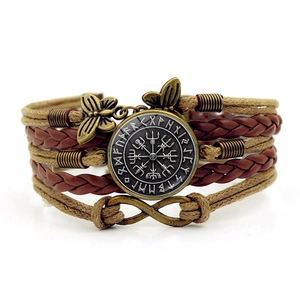 Handmade multilayer leather Viking Vegvisir compass bracelet with bronze runes and butterfly charm