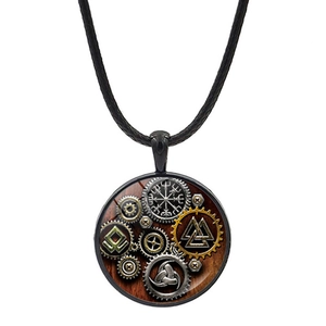 Close-up of Viking Odin compass pendant with steampunk gears and black braided leather cord