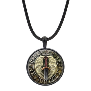 Close-up of Viking compass pendant with winged sword and Nordic runes on braided leather cord