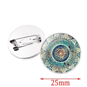 25mm silver Mandala yoga glass brooch pin with blue geometric pattern and metal back