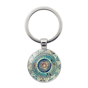 Mandala Flower Yoga Keychain Zinc Alloy Glass Cabochon Pendant Key Ring Bohemian Style Jewelry Gift For Women Girls