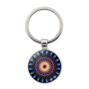 Detailed view of silver mandala keychain with vibrant geometric floral glass pendant