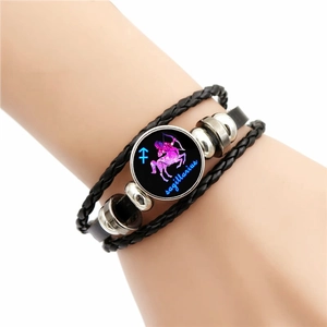 Multi-layer woven leather Sagittarius bracelet with luminous zodiac glass charm and metal beads
