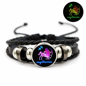 Twelve Zodiac Luminous Braided Leather Bracelet Punk Vintage Multi Layer Glow In The Dark Constellation Wristband For Men Women Jewelry