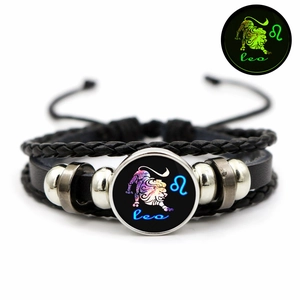 Luminous Leo zodiac multilayer braided leather bracelet with glow-in-the-dark feature