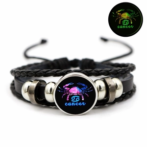 Luminous Cancer zodiac multilayer braided leather bracelet with glowing glass charm