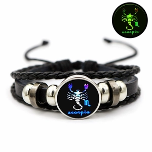Glow-in-the-dark Scorpio multi-layer braided leather bracelet with luminous zodiac charm