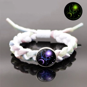 Bracelet Tressé Zodiaque Lumineux Brille Dans Le Noir 12 Constellations Alliage Verre Cuir Bracelet Réglable Bijoux Pour Hommes Femmes