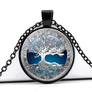 Collier Pendentif Arbre de Vie Alliage de Zinc Verre Gemme du Temps Rond Rétro Chaîne Noire Collier pour Femme Bijoux Bohème