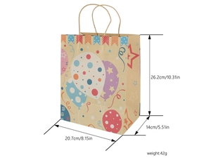 Detail view of 26.2x20.7x14cm kraft gift bag with colorful balloon patterns