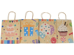 Set of four brown kraft gift bags featuring colorful birthday cakes and balloons designs