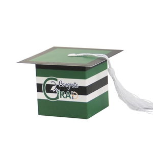 Green graduation cap favor box with stripes, white tassel, and Congrats GRAD text design
