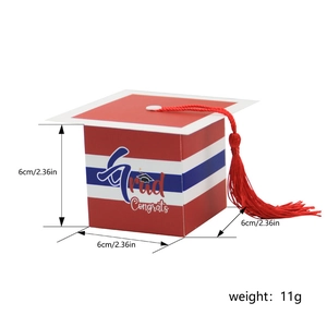 6x6cm Graduation cap candy box with red tassel and striped pattern for party favors