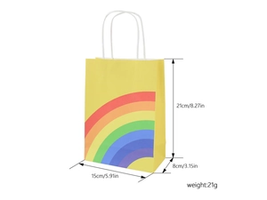 Detailed view of yellow rainbow gift paper bag with dimensions 21x15x8cm and handles