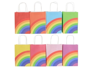 Eight colorful paper gift bags with rainbow prints and white twisted rope handles