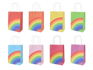 Close-up of 8-pack colorful rainbow gift bags with white handles for parties