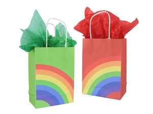 Detail of red and green kraft gift bags with rainbow prints and matching tissue paper
