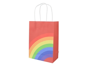 Detailed view of red kraft paper gift bag with rainbow print and white twisted handles