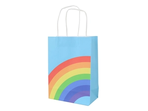 Detail of light blue kraft paper gift bag with rainbow print and white twist handles