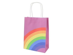 Detail of pink kraft gift bag with vibrant rainbow print and white braided handles