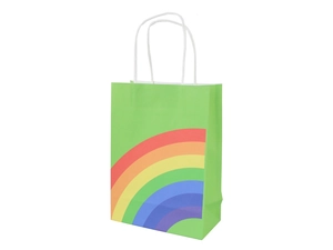 Close-up of a light green paper gift bag featuring a vibrant rainbow print and white handles