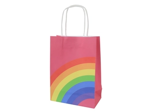 Detail view of pink paper gift bag featuring a vibrant rainbow print and white rope handles