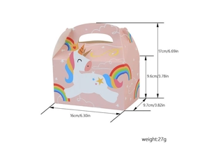 Detailed size map of unicorn gift box showing dimensions 16x9.7x17cm and 27g weight