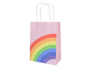 Close-up of pink kraft gift bag with rainbow print and white twisted paper handles
