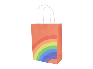Detail of an orange rainbow gift bag with sturdy white twisted rope handles