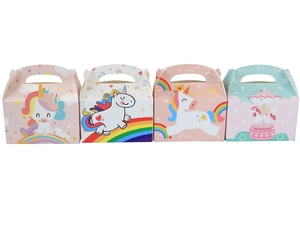Detail of four colorful unicorn candy boxes with handles for parties and gift packaging