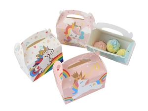 Internal view of unicorn party favor box showing space for three cupcakes with a handle