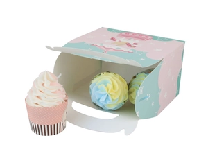 Pastel unicorn cupcake box with carousel print and a convenient integrated handle design