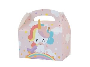 Detailed view of pink unicorn gift box featuring rainbow designs and a convenient carry handle