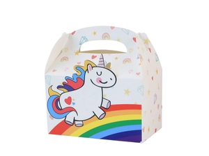 Detail of white foldable unicorn gift box featuring a rainbow and heart patterns