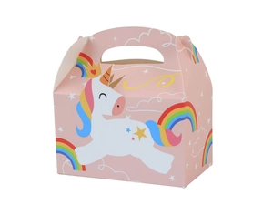 Detail of pink unicorn gift box with rainbow mane and stars for party favors